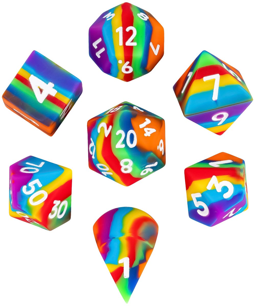 Joya Dice® Dobbelsteen Set geschikt voor het spelen van Dungeons and Dragons DnD D&D | Siliconen Bounce Dice | Extra Grote Dobbelstenen | Polydice 7 Stuks Set | Voor D&D & TTRPG | Regenboog Donker